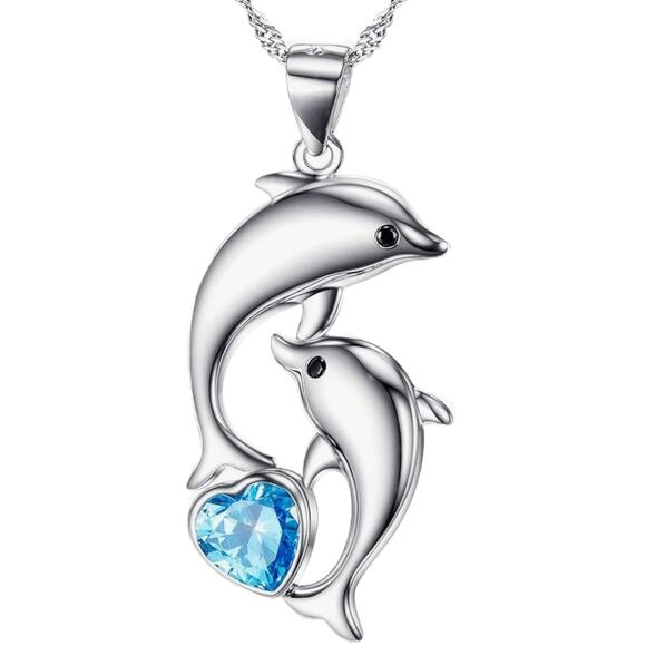 Dolphin Heart Necklace 925 Sterling Silver NIB - Picture 1 of 2